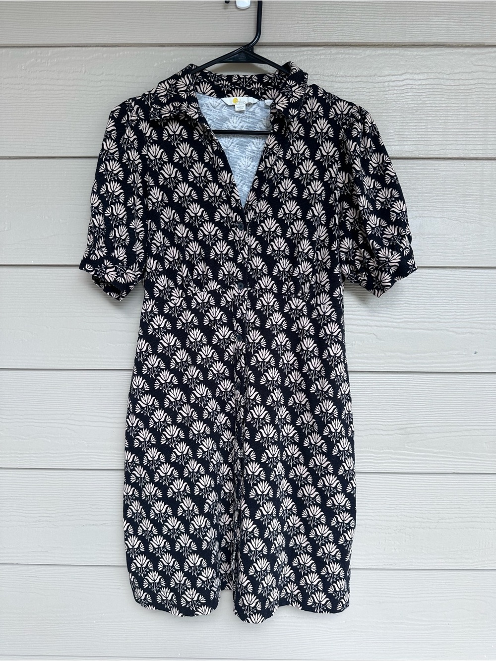 Boden Black Cream Floral Button Down Short Sleeve Shirt Mini Dress Sz 6R (C31)